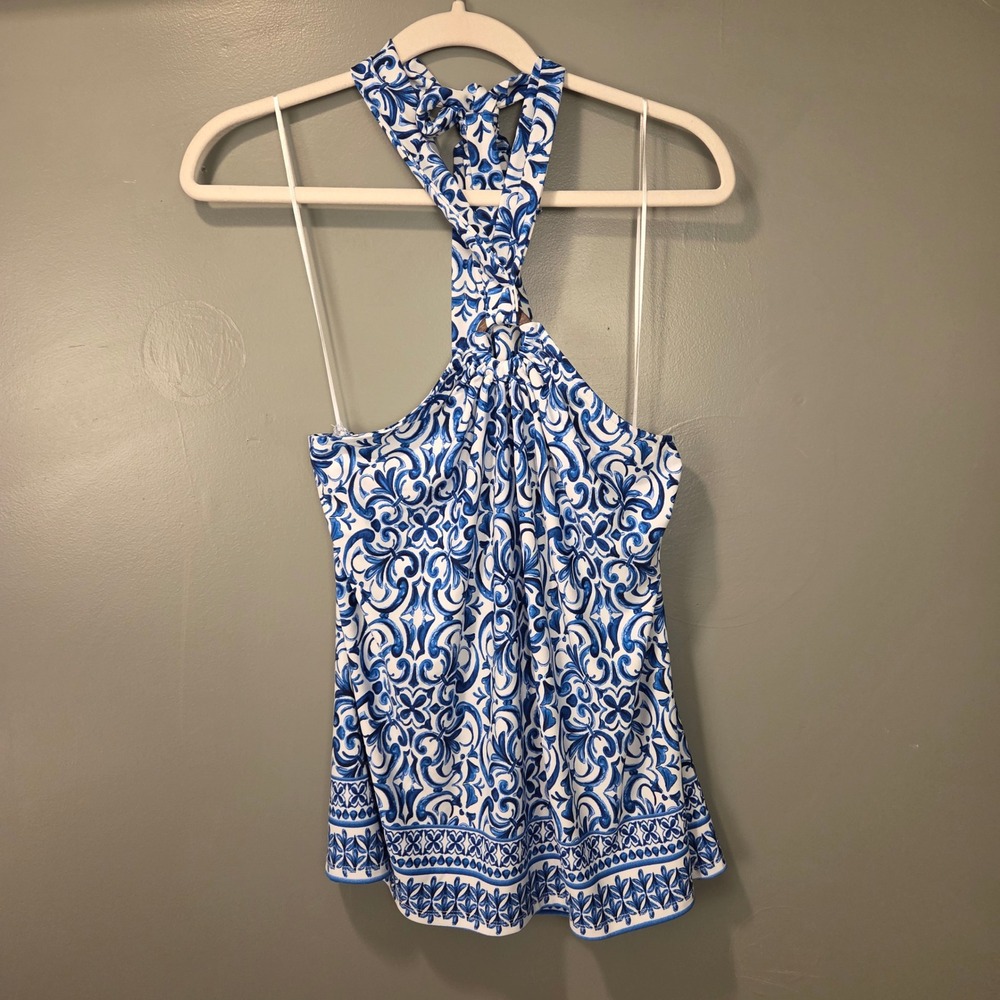 CeCe Women's Halter Top Size L Blue & White Geometric Pattern Santorini
